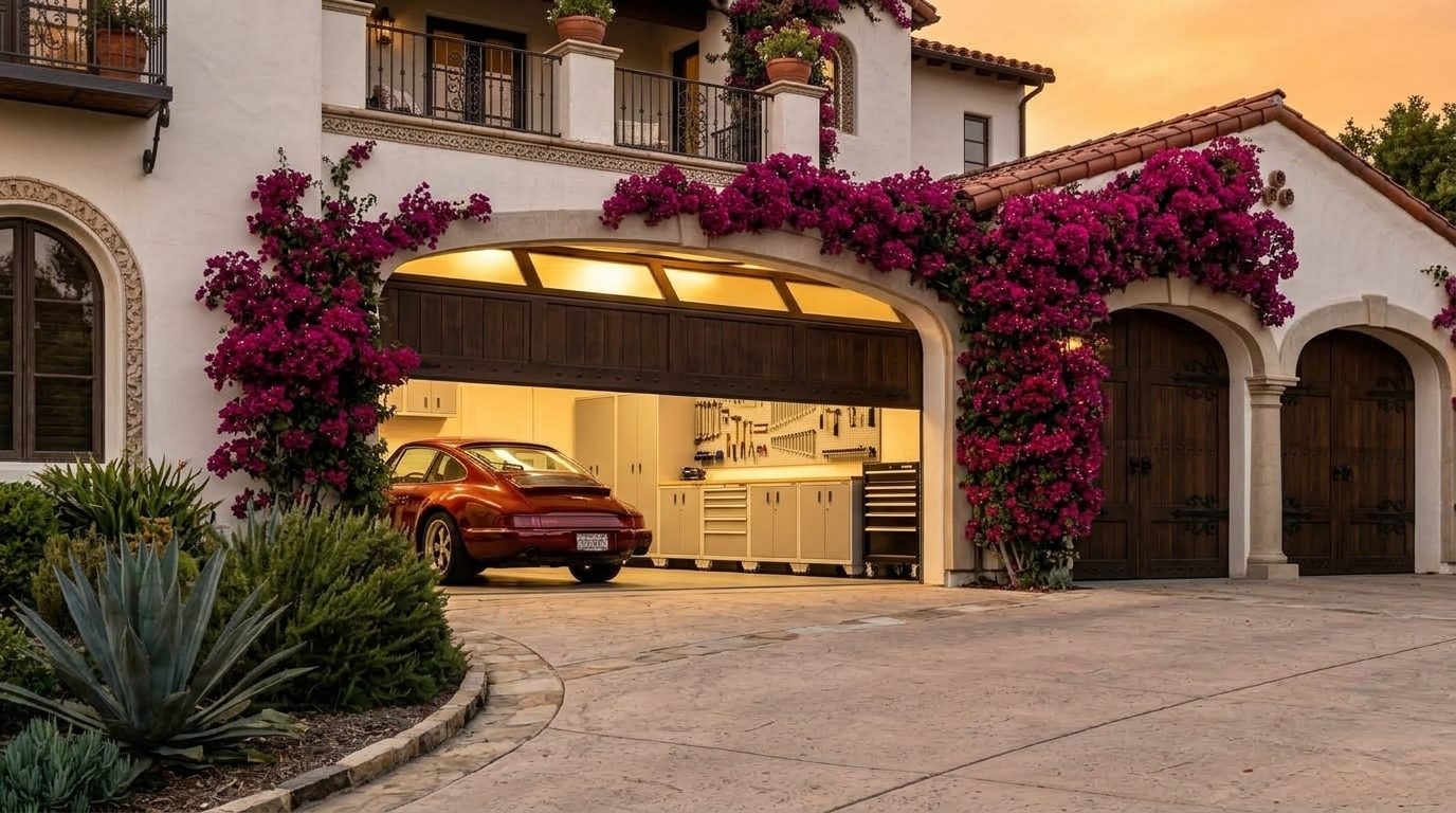 Teddy and Theodore Garage Door Garage Door Gliding Open Revealing Warm Illuminated Interior